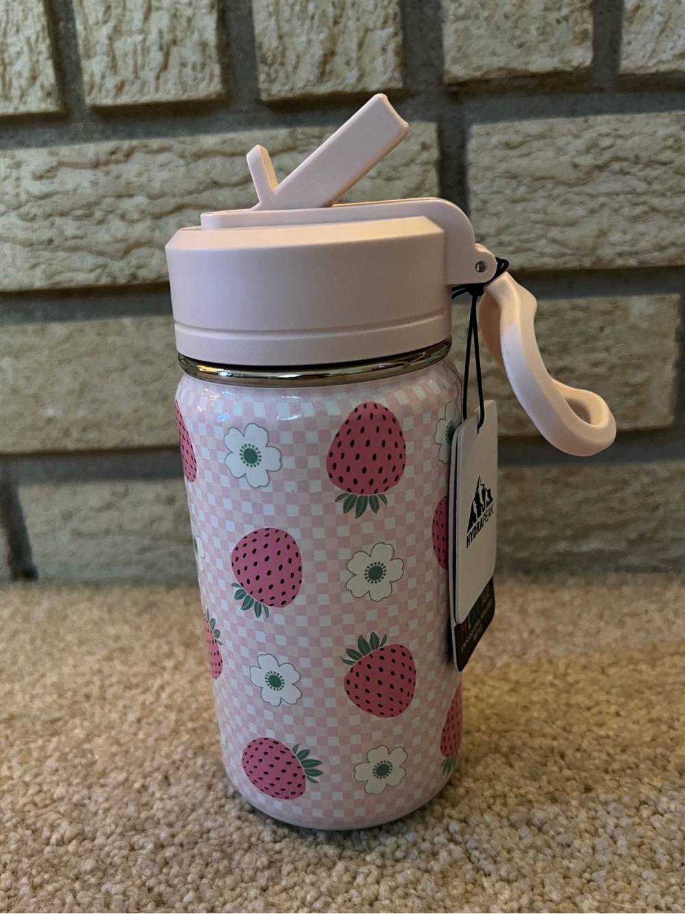 14 oz Hydrapeak Pastel Pink w/Polka Dots, Flowers & Strawberries Water Bottle